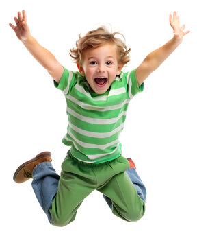 Little boy playing and jumping in the air with a happy smile, isolated on a transparent background. Joyful child having fun, enjoying outdoor activities.

