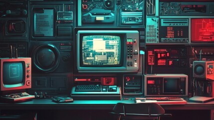 Fototapeta premium Retro Technology Setup with Vintage Computers and Neon Glow