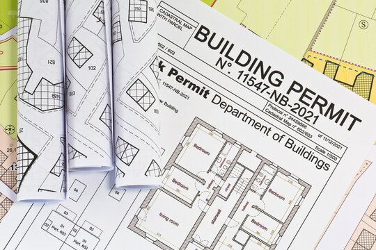 APPROVED BUILDINGS PERMIT CONCEPT in buildings activity with approved residential building project, imaginary cadastral map and General Urban Plan