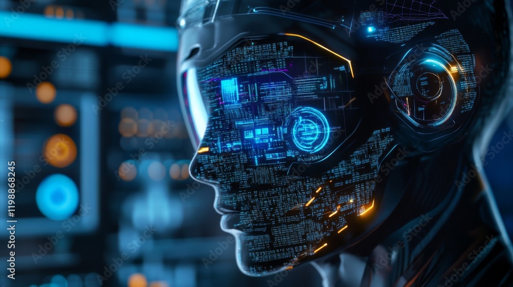 Poster futuristic robot with glowing blue circuits and digital interface