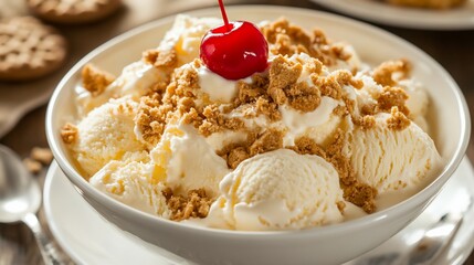Delicious Vanilla Ice Cream Sundae with Crumble Topping and Cherry