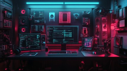 Fototapeta premium Cyberpunk Gamer Workstation with Neon Lights