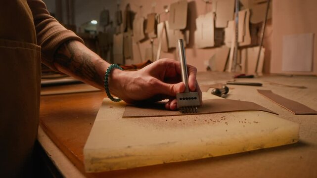 Side view cropped shot of unrecognizable artisan wearing apron using punch and hammer perforating leather detail, working in authentic tannery with a lot of patterns in blurred background