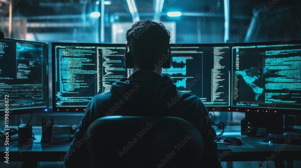 Aufkleber focused hacker working late at night on multiple monitors