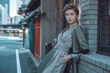 Fototapeta premium Stylish woman in a sophisticated grey dress poses against a backdrop of a quaint Asian street.