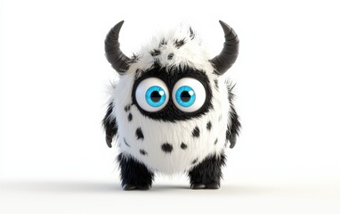Naklejka premium 3D funny fluffy black-and-white spotted monster with horns and big blue eyes, cartoon character standing on a bright white background
