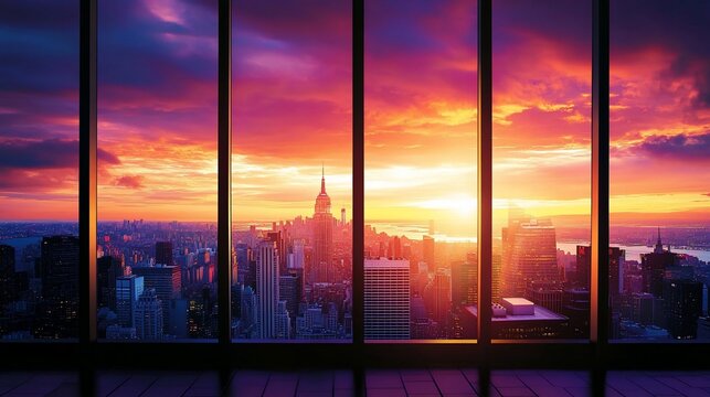 Fototapeta Spectacular New York City Sunset Seen Through Panoramic Windows