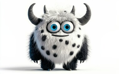 3D funny fluffy black-and-white spotted monster with horns and big blue eyes, cartoon character standing on a bright white background