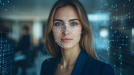 Woman with Facial Recognition Overlay: A professional woman gazes directly at the camera, her face overlaid with a futuristic digital grid, representing facial recognition technology.