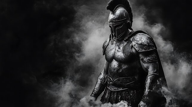 Spartan warrior standing strong, black and white armor detailed, with a dark background and light white smoke