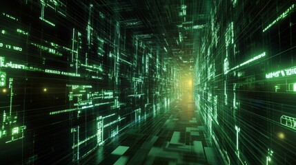 Fototapeta premium Glowing Green Digital Tunnel of Data Streams and Binary Code