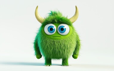 3D funny fluffy bright green monster with horns and big blue eyes, cartoon character standing on a bright white background