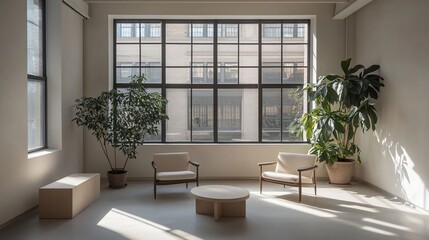 Serene Minimalist Room with Large Windows and Plants