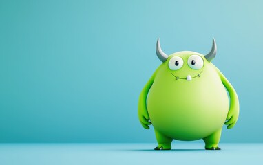 Fototapeta premium Silly green 3D monster with a big round belly and small horns, on a pastel blue background