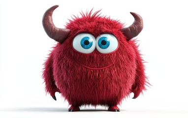 3D funny fluffy deep red monster with horns and big blue eyes, cartoon character standing on a bright white background