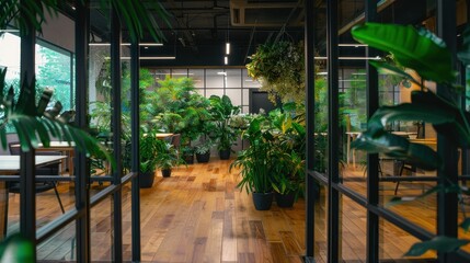 Fototapeta premium Modern office interior with wooden floors, glass partitions, and lush green plants creating a warm and inviting ambiance.