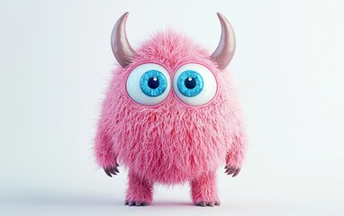 Fototapeta premium 3D funny fluffy pastel pink monster with horns and big blue eyes, cartoon character standing on a bright white background