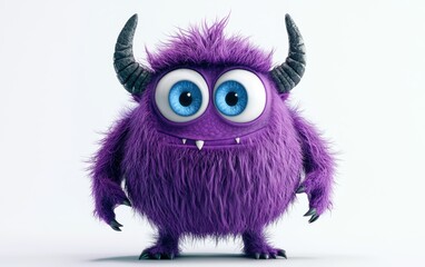 Fototapeta premium 3D funny fluffy violet monster with horns and big blue eyes, cartoon character standing on a bright white background