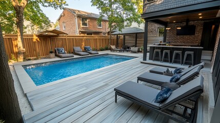 Luxury Backyard Oasis: Swimming Pool, Deck, and Outdoor Bar