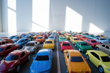 Fototapeta premium A long line of colorful toy cars creates a captivating miniature traffic jam scene.