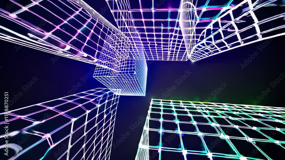 Poster neon grid structures in vibrant purple and green tones forming abstract cubic shapes, creating a fut