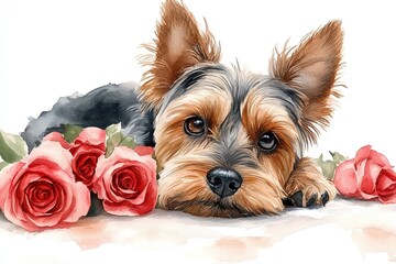 A cute dog resting beside pink roses, showcasing a heartwarming and artistic portrayal.