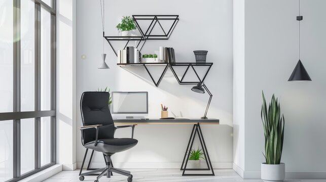 Modern workspace featuring sleek black chair and geometric design.