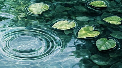 Serene floating leaf scene, detailed botanical element, deep water ripples, minimalist nature composition, peaceful aquatic aesthetic, concentric water patterns, crystal clear water surface,