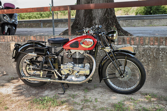 Vintage Gilera Saturno Sport of the forties in classic car and motorcycle rally Attraverso le Centurie Romane, on June 2, 2015 in Cesena, Italy
