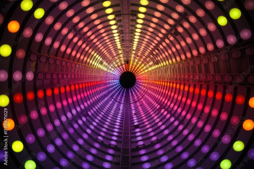 Poster A mesmerizing tunnel of vibrant, multicolored LED lights creating a kaleidoscopic effect.