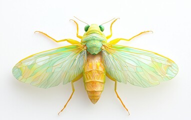 A bright yellow and green cicada with delicate wings and a segmented body, centered on a bright white surface