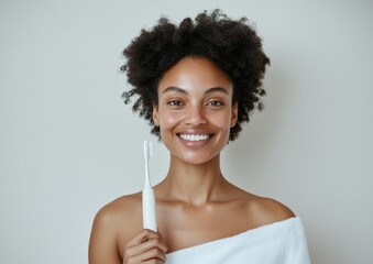 Minimalist Dental Care Confident Smiling Black Woman in Bright Bathroom with Toothbrush - Healthy Smile Imagery for Wellness Marketing and Modern Self-Care Campaigns