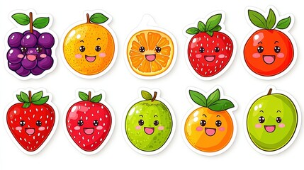 A cheerful collection of cartoon-style fruit stickers featuring happy faces.