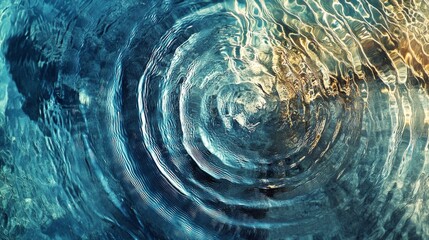Hypnotic water surface with concentric circular ripples, crystalline pure water textures, ethereal light caustics, soft gradient from azure blue to warm white, abstract nature photography, ultra high