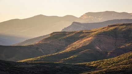 Sunrise over mountains with warm sunlight and cool shadows
