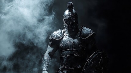 Spartan warrior in a defensive position, black and white armor intricate, black backdrop and light white smoke