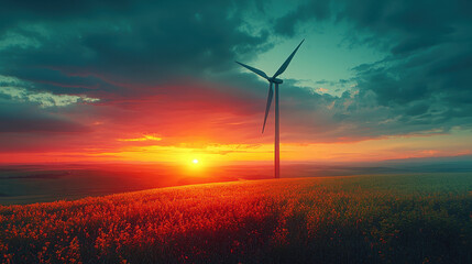 Obraz premium Lone wind turbine stands tall against a vibrant sunset in a flat landscape