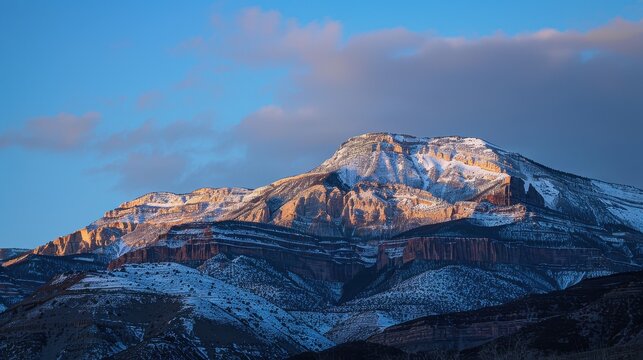 Mountain sunset with warm hues and cool blue shadows