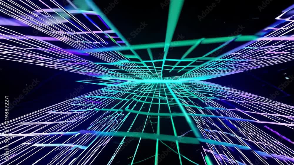 Poster colorful neon lines in purple and green forming an abstract tunnel with depth and motion in a sci-fi