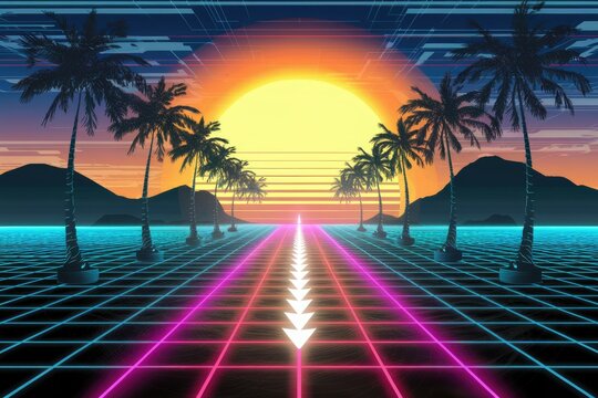 Retro futuristic beach scene with palm trees, neon grid road, and vibrant sunset.