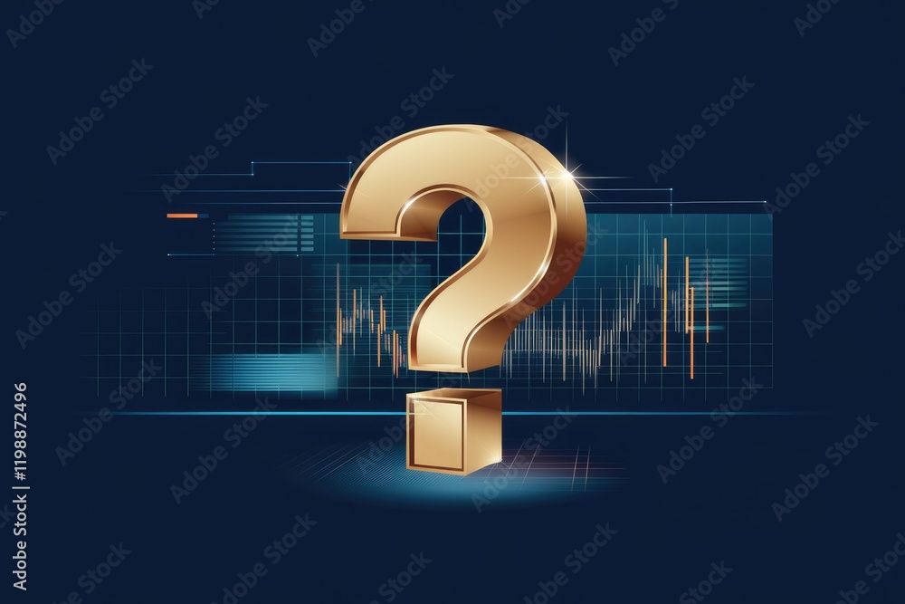 Poster a golden question mark sits atop a dynamic stock market graph, symbolizing uncertainty and market vo