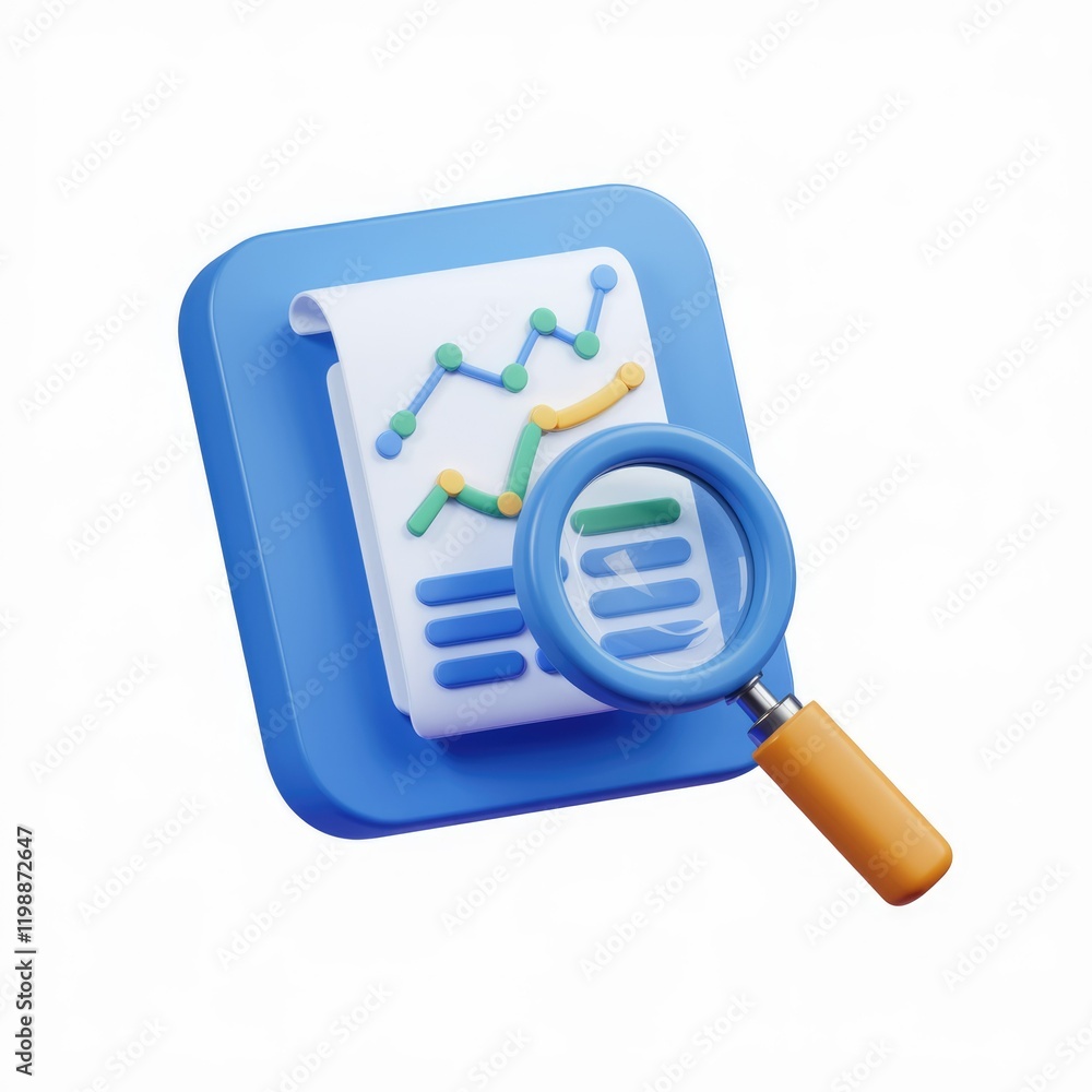 Poster A magnifying glass examines a document displaying a colorful line graph, representing data analysis.