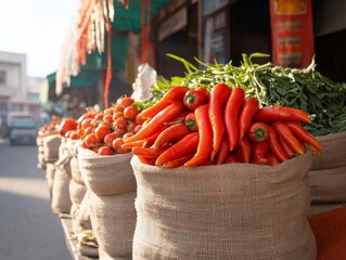 Vibrant Indian Street Market Fresh Produce in Natural Jute Bags - Sustainable Community Commerce and Organic Retail for Modern Lifestyle Brands