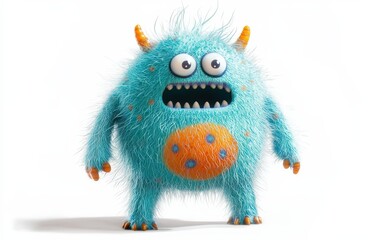 Obraz premium A glowing blue 3D monster with fuzzy fur, a round tummy with a cute navel, and bright orange polka dots, standing out on a vivid white backdrop