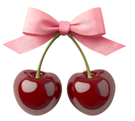  red cherries with pink bow ribbon  
