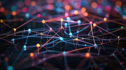 Colorful nodes and connections in network topology on dark background.