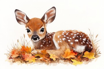 A cute fawn resting among colorful autumn leaves, showcasing nature's beauty.