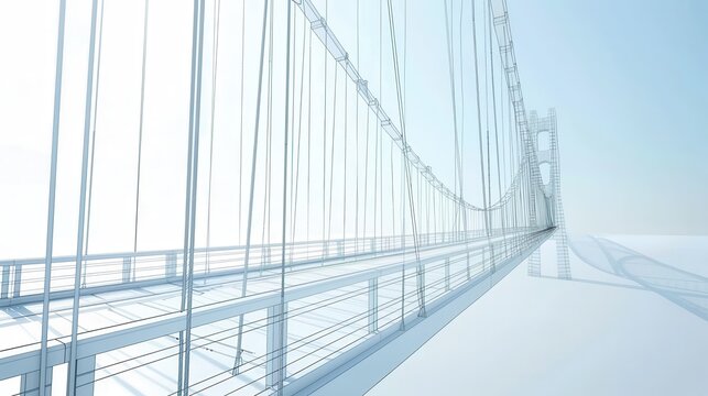 Suspension bridge blueprint morphs into stunning 3D architectural visualization.  High-precision engineering details transition from technical drawings to a realistic structure.