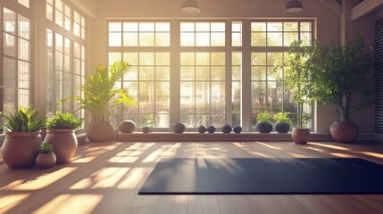 modern fitness space, sunlit window panes, indoor plants in ceramic pots, hardwood floors, dark exercise mat, bright airy room, peaceful indoor setting