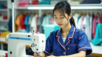 A Korean woman in a work uniform using a sewing machine, in the colorful fabrics background